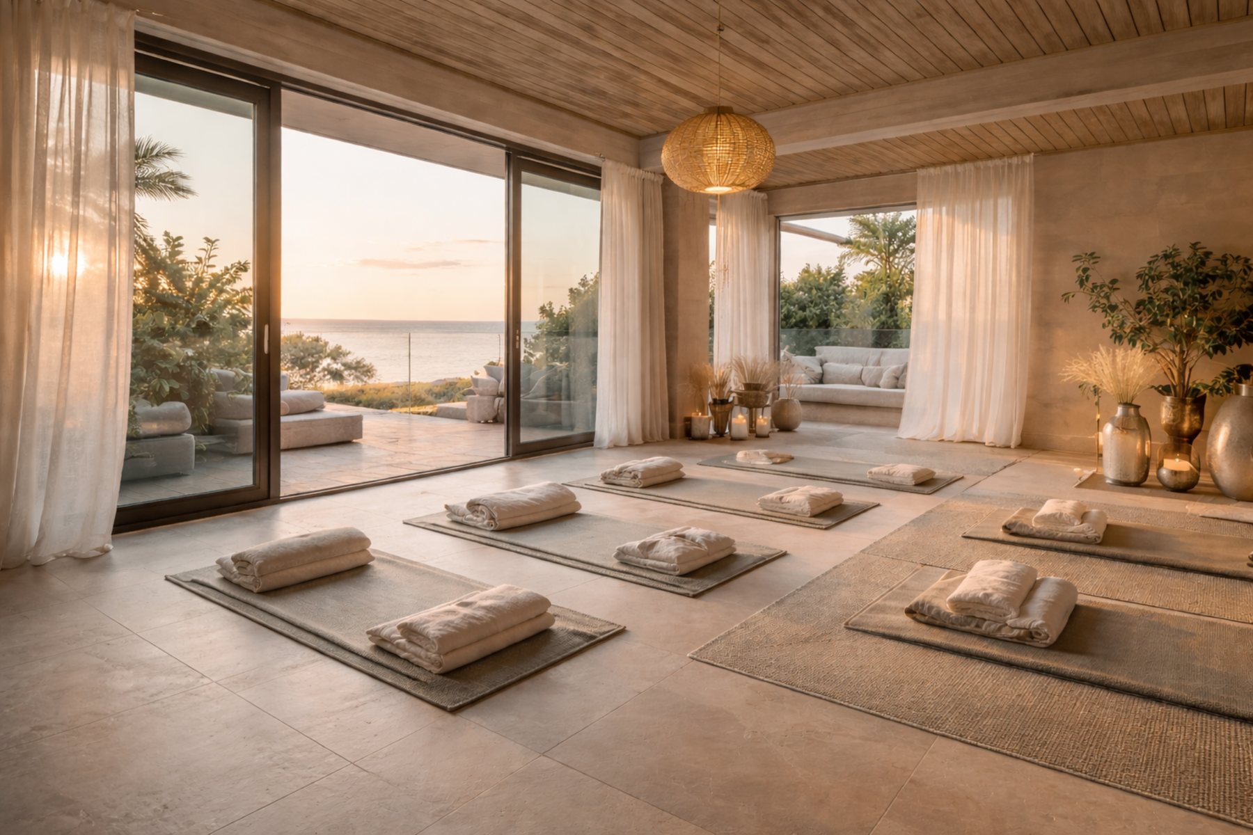 Sala predisposta per una sessione in un resort al tramonto